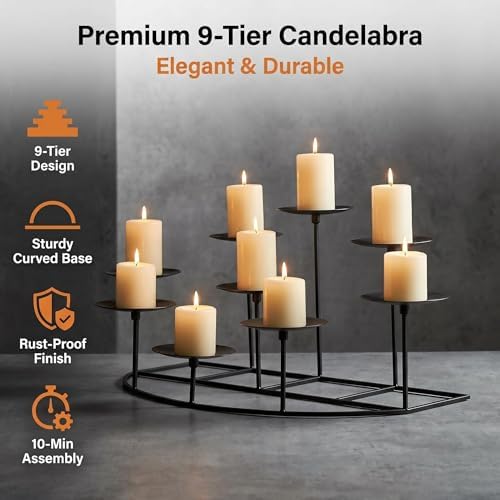 9-Tier Fireplace Candelabra Candle Holder, Modern Geometric Matte Black Metal Candle Stand with Stable Curved Base, 9 Pillar Candle Holder Centerpiece for Mantel, Table, Christmas, Wedding Decor - Image 4