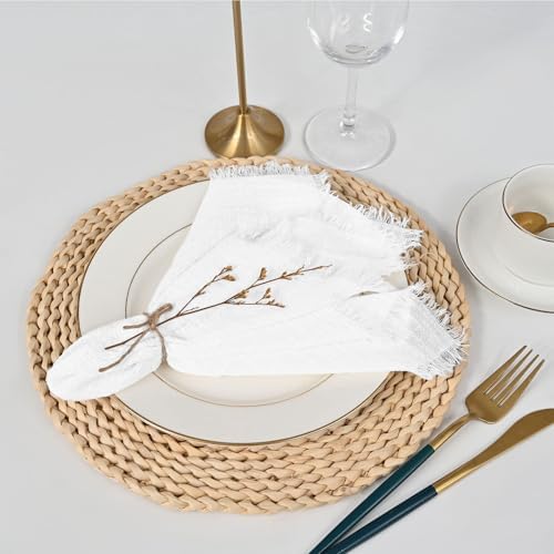 Pesonlook 24 Pcs White Cotton Linen Napkins with Fringe, 16x16 Inches - Image 5