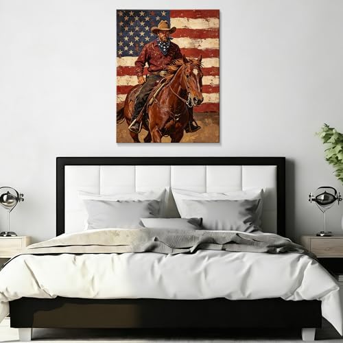 Patriotic Cowboy Canvas Wall Art 4th of July American Flag Oil Painting USA Flag Cowboy Wall Decor Independence Day Rustic Home Decor for Living Room Bedroom 16x24in - Image 5