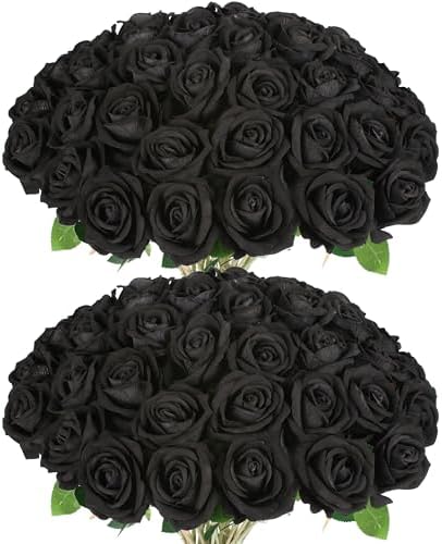 50 PCS Fake Black Roses, Artificial Flowers Bulk, Realistic Silk Faux Roses by Jefuzh