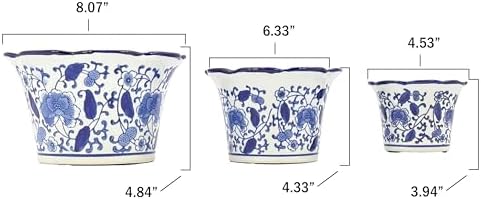 Galt International Blue & White Floral Porcelain Ceramic Decorative Flower Pot 8"/6"/4.5" Garden Pots Chinese Asian Design - Set of 3 Cylinder Fluted Edge - Image 4