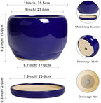SQOWL Ceramic Plant Pot - 10 Inch Ceramic Planter for Indoor Outdoor, Round Flower Pot with Drainage Hole and Saucer, Modern Decorative Large Planter, Garden Decor, Plant Lover Gifts, Blue - Image 3