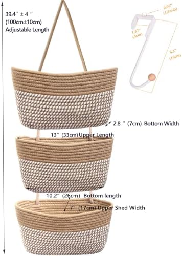 Over the Door Hanging Basket for Organizing 3 Tiers Woven Cotton Rope Wall Mount Storage basket Decorative Kitchen Hanging Organizer Bathroom include 1 door hook Flaxen Stripe - Image 3
