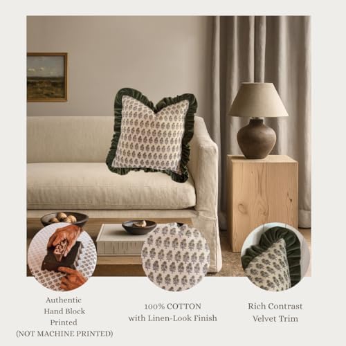 Palm & Loom 100% Cotton Linen Cushion Cover - Aira Decorative Throw Pillow Case with Moss Green & Grey with Ruffle - Modern Traditional Living Room, Bedroom Pillow Cover (Dara, 20" x 20" (Pack of 1)) - Image 4