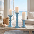 Set of 3 Light Blue Candle Holders Rustic Farmhouse Mango Wood Candlestick Holder Large Pillar Candle Stand Vintage Antique Home Decor for Table Centerpieces Fireplace Mantel, 12", 9", 6" H by Ferrochef