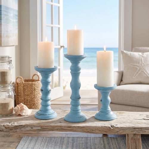 Set of 3 Light Blue Candle Holders Rustic Farmhouse Mango Wood Candlestick Holder Large Pillar Candle Stand Vintage Antique Home Decor for Table Centerpieces Fireplace Mantel, 12", 9", 6" H by Ferrochef