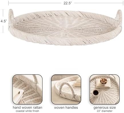 Kate and Laurel Cormont Modern Round Woven Rattan Tray with Handles; 23 Inch Diameter; Whitewash Rattan; Decorative Circle Boho Tray for Use as Versatile Ottoman Tray or Serving Platter - Image 2