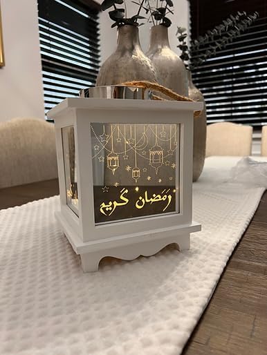 Ramadan Kareem Wooden Mirrored Lantern - Unique Eid Festive Decoration for Home Warm, Inviting Ambiance Muslim Allah New Year (9x7 Inches, Battery Operated), Large - Image 5