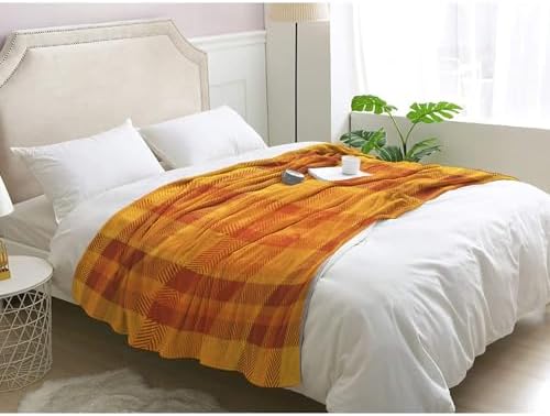 Orange Plaid Throw Blanket, Fall Fleece Blanket for Couch Bed Sofa, Autumn Blankets and Throws, Decor & Gifts, Super Soft Plush Flannel Blanket, 50x60 - Image 3