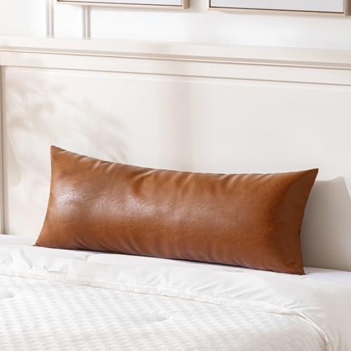 Fancy Homi Brown Boho Long Lumbar Faux Leather Body Decorative Throw Pillow Cover 14x36 Inch for Bedroom Couch Bed Bench, Thick Stylish Solid Rectangle Pillowcase, Rustic Modern Farmhouse Room Decor by Fancy+Homi