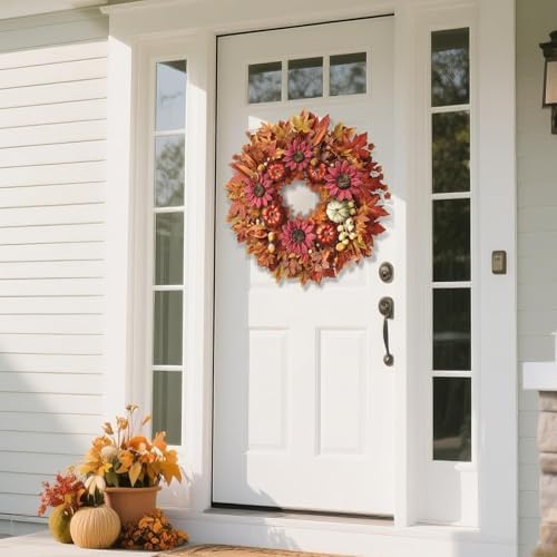 28" Large Artificial Flowers Fall Wreath for Front Door Decor (Fall Orange) - Image 3
