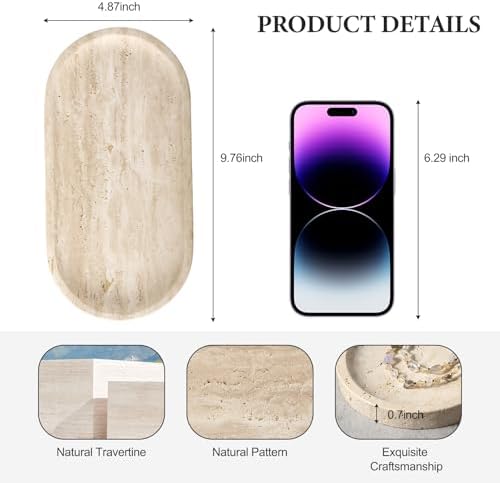 Koville Natural Marble Tray for Bathroom Counter, 10" x 5" Travertine Marble Storage Trays for Perfume, Cosmetics, Jewelry, Vanity Tray Stone Trays for Home, Decorative Tray for Dresser Organizer - Image 2
