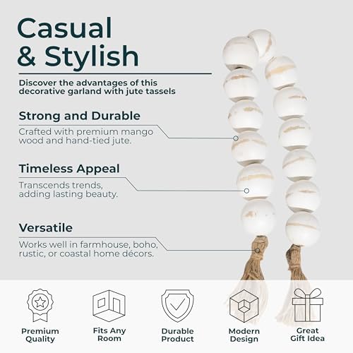 Sagebrook Home Wooden Beads Garland - Handcrafted Mango Wood & Jute Tassel - Casual Home Decor for Living Room, Bedroom, Office - 2" Whitewash - Image 5