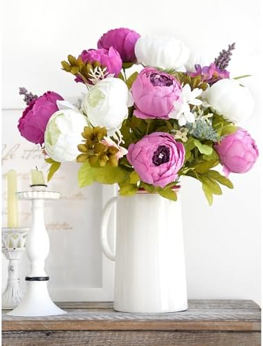 FiveSeasonStuff Mixed White & Fuchsia Artificial Peony Bouquet Set of 2 - Image 2