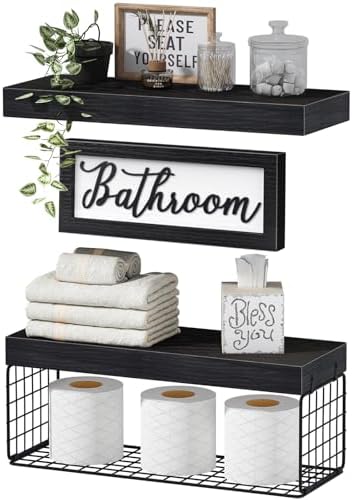 QEEIG ‎Bathroom Shelves with Decor Sign (Black, 15.7") by QEEIG