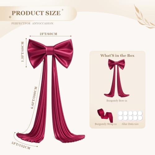 Big Burgundy Bow for Backdrop, 24"x16" Large Burgundy Bow Decorations with 80" Ribbon Drape for Birthday Wedding Baby Shower Photography Valentine's Day Christmas Decorations - Image 4