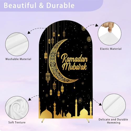 7.2FT Arch Backdrop Cover Ramadan Mubarak Photography Black Crescent Moon Star Lanterns Wedding Arch Cover Spandex Fitted Stretchy Backdrop Stand Covers for Birthday Party Wedding Decoration - Image 4