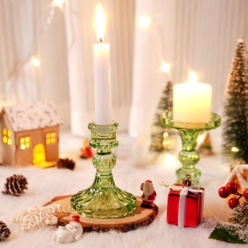Suclain 24 Pcs Glass Candle Holder Set 12 Candlestick White Candles,Green - Image 5