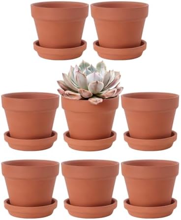 INGOFIN 4 Inch Terracotta Pots with Saucers, 8 Pack Shallow Clay Plant Pots with Drainage Holes for Succulents, Cactus, Herbs, Small Terra Cotta Pots for Indoor Outdoor, Set of 8 by INGOFIN