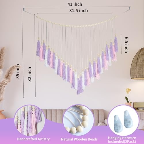 Pink & Purple Macrame Hanging Boho Wall décor, Purple Wall Decor for Bedroom Living Room Girls Room Nursery Large Tassel Hanging with Wood Beads 41" W x 32" H - Image 2