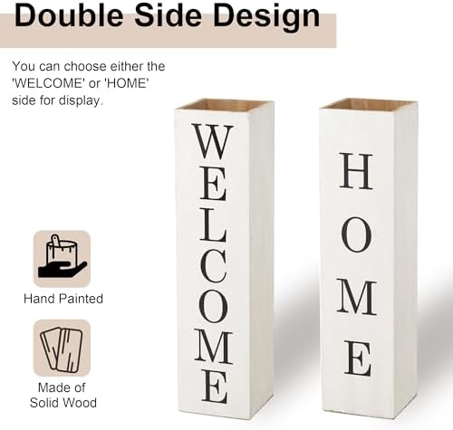 Glitzhome 30"H Wooden Welcome Porch Sign Rustic Double Sided Box-shaped "WELCOME, HOME" Porch Sign for Front Porch Decor, Washed White - Image 3