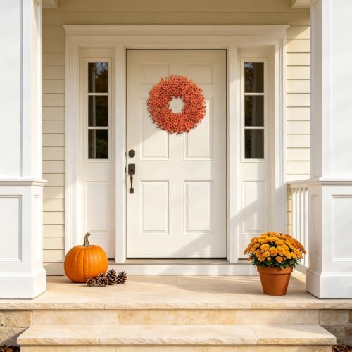 20" Orange Fall Wreath for Front Door, Artificial Mums Autumn Wreath - Image 7