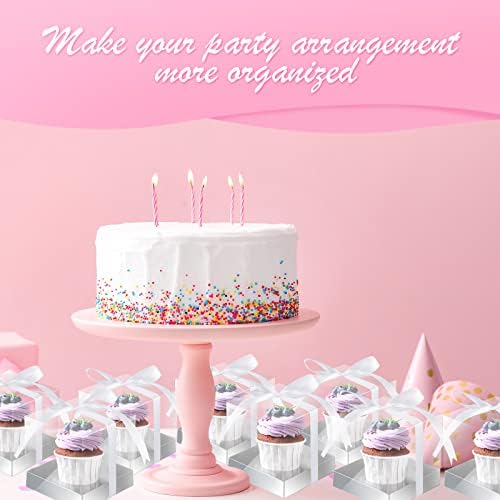 Gerrii 100 Pcs Clear Plastic Individual Cupcake Boxes 3.5" Single Cupcake Containers Transparent Ornament Gift Box with Inserts and Ribbon for Wedding Baby Shower Party Favor (Silver) - Image 4