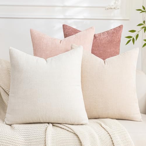 Set of 4 Soft Textured Decorative Throw Pillow Covers 18x18 Inch Cozy Farmhouse Cushion Cover Square Accent Pillow Cases for Bed Couch Sofa Living Room, White Beige Pink by Cozoomy