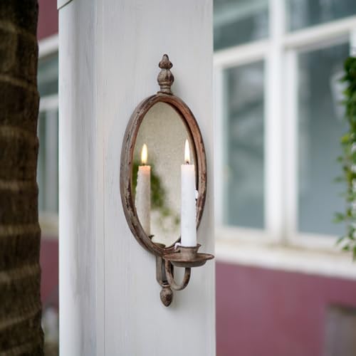 SOFFEE DESIGN 2PCS Antique Metal Candle Sconces Candlestick Holder Wall Mounted Distressed with Oval Faded-Looking Mirror - Image 3
