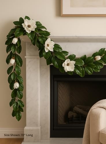 Serene Spaces Living Artificial Magnolia Leaf Garland and Wreath, Ideal to Hang at Wedding, Store Display, Window Sill, Fall Decor, Holiday Décor (72" Magnolia Garland with White Blooms - 1pc) - Image 3