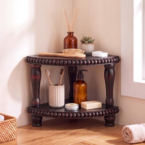 Kigley 2 Tiered Corner Riser for Kitchen Counter Wood Beaded Corner Shelf Black Wash Countertop Bathroom Counter Organizer Rustic Decorative Pedestal Stand with Removable Feet for Kitchen Coffee Bar by Kigley