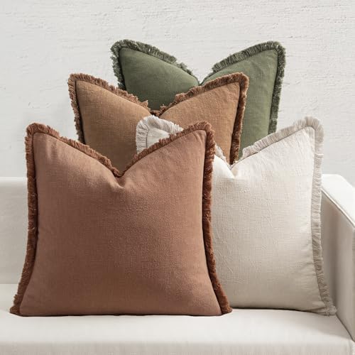 MIULEE Fall Linen Fringe Pillow Covers Set of 4 20x20 Beige/Brown/Green by MIULEE