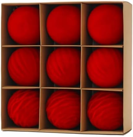 4In Large Red Velvet Christmas Ornaments Set,9Pcs Flocked Ornaments Balls by Senjie