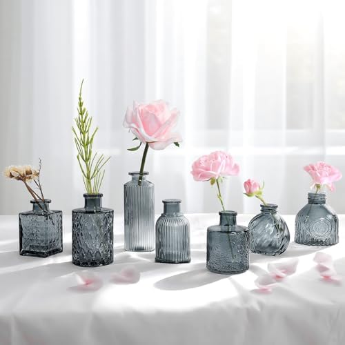 Grey Bud Vases in Bulk 24, Embossed Glass Small Vases for Flowers, Vintage Mini Flower Vase for Centerpieces, Wedding Decoration, Party, Baby Shower, Birthday, Home Decor, Living Room, Office - Image 6