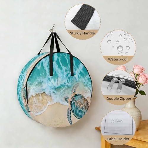 30 Inch Round Storage Bag 1 Pack,Sea ​​turtle Summer Beach Waterproof Wreath Storage Container with Handles&Zipper Ocean Blue Water Closet Organizer Bags Garland Box - Image 5