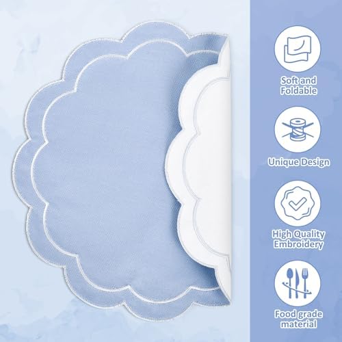 Whaline Dusty Blue Linen Placemats Embroidered Round Scalloped Kitchen Table Mats for Spring Easter Party Home Dining Table Decor, Set of 6, 15 x 15 in - Image 3