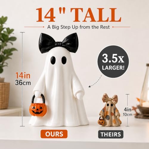 14 in Large Lighted White Ghost Figurine with Pumpkin Lantern&Remote Timer - Image 2