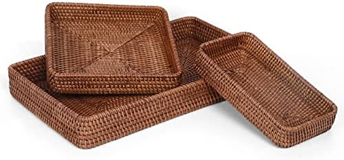 YANGQIHOME Rattan Serving Tray Set of 3, Rectangular Woven Tray, Natural Wicker Decorative Serving Tray, CoffeeTabletop Vanity Organizer, Bathroom Kitchen Counter,Dark Brown by YANGQIHOME
