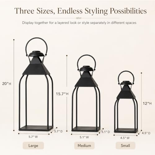 20" 15.7" 12" Lanterns Decorative Indoor Outdoor, Black Metal Set of 3 - Image 3