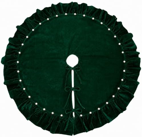 DarkGreen Velvet Christmas Tree Skirt with Ruffled Edge&Pearls,60" - Image 5