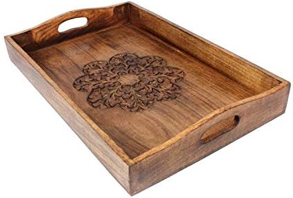 Ajuny Wooden Serving Trays Set of 3 with Handles, Hand Carved Flower Design - Image 6