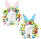 Zeyune 2 Pcs 18.1"x 11.4" Easter Bunny Wreath with Colorful Eggs Artificial Easter Wreath Mixed Flowers Green Leaves Hanging Bunny Shaped with Straw Hat and Bow for Front Door Wall(Bunny Tail) by Zeyune