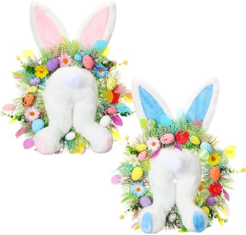 Zeyune 2 Pcs 18.1"x 11.4" Easter Bunny Wreath with Colorful Eggs Artificial Easter Wreath Mixed Flowers Green Leaves Hanging Bunny Shaped with Straw Hat and Bow for Front Door Wall(Bunny Tail) by Zeyune