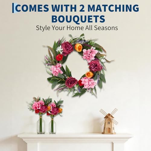 24in Faux Peony Spring Summer Wreath and Bouquets Set, Realistic Artificial Floral Door Wreath with Real Rattan Base, Includes 2 Matching Bouquets, Fake Flower for Spring Front Home, Mother's Day - Image 7