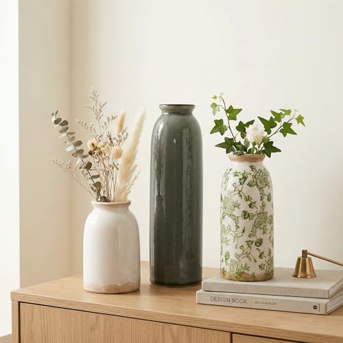 Vintage Ceramic Vase Set of 3, Flower Small Chinoiserie Vase Rustic Modern Farmhouse Centerpiece Decorative Pottery Vases for Table Mantel Entryway Bookshelf Living Room Kitchen Home Decor - Image 7