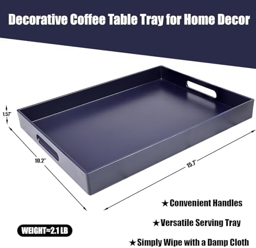 Navy Blue Serving Tray for Coffee Table, Rectangular Plastic Decorative Tray with Handles for Entertaining, Outdoor Patio, Living Room, Ottoman, Bathroom Counter, 11.8”*15.7”*1.6” - Image 2