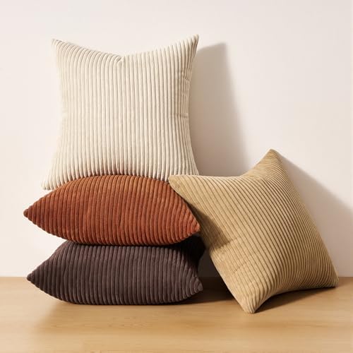 Topfinel Beige Brown Gradient Farmhouse Pillow Case 24x24 Decorative Pillow Covers Set of 4 Rustic Modern Soft Corduroy Striped Cushion Covers for Sofa Couch Living Room Bedroom - Image 6