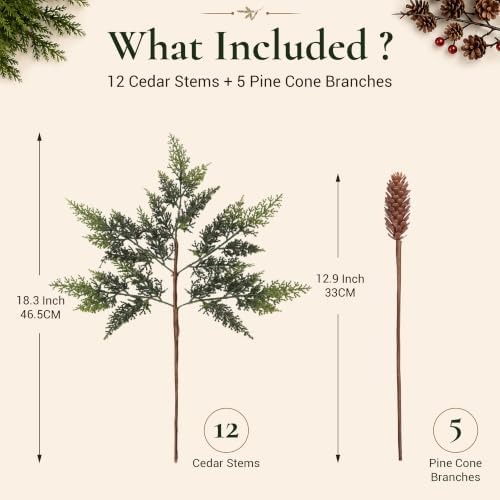 12 Artificial Christmas Cedar Stems, 17.5", with 5 Pine Cone Picks - Image 2