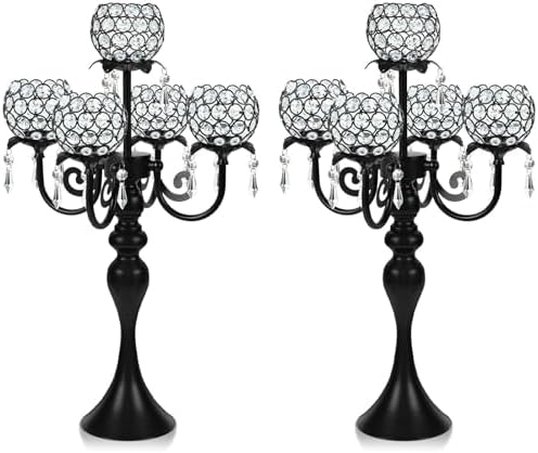 Crystal Tea Light Candle Holders Set - 14" L x 22.5" H Matte Black Metal & Sparkling Accents, Wedding & Party Centerpiece Decor(2, Black) by kehail