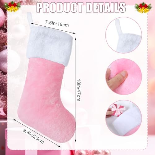 12 Pcs Christmas Stocking 18" Plush,Pink and White - Image 2